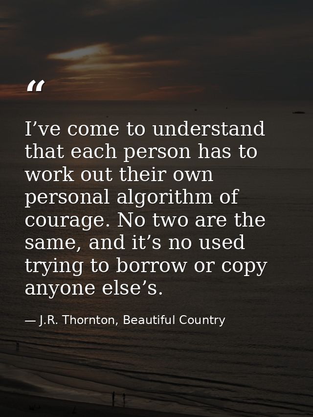 I’ve come to understand that each person has to work out their own personal algorithm of courage. No two are the same, a — J.R. Thornton, Beautiful Country