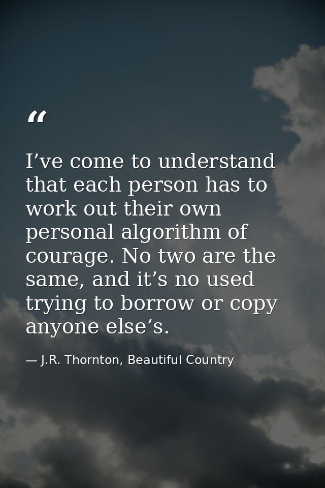 I’ve come to understand that each person has to work out their own personal algorithm of courage. No two are the same, a — J.R. Thornton, Beautiful Country