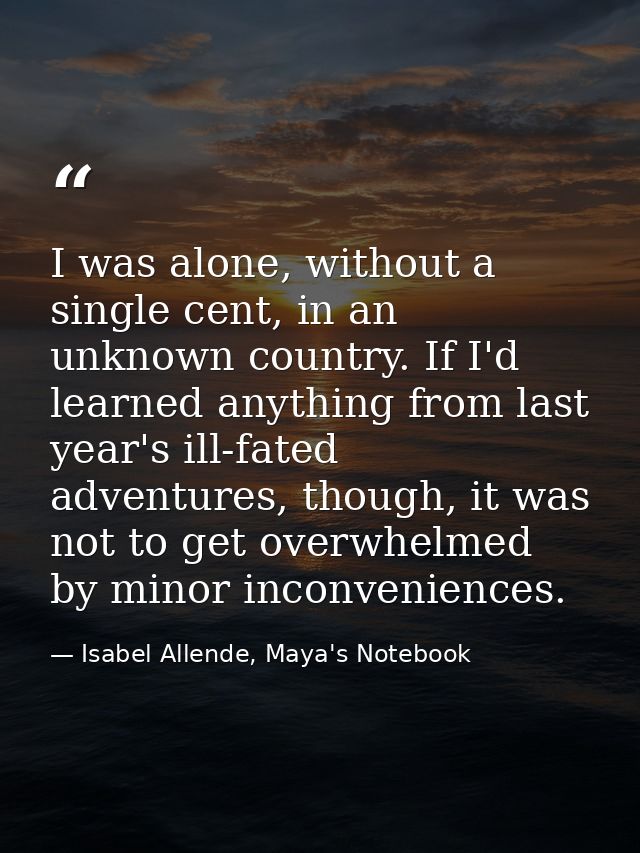 I was alone, without a single cent, in an unknown country. If I'd learned anything from last year's ill-fated adventures — Isabel Allende, Maya's Notebook