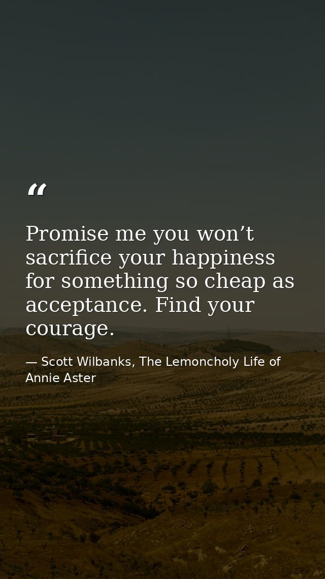 Promise me you won’t sacrifice your happiness for something so cheap as acceptance. Find your courage. — Scott Wilbanks, The Lemoncholy Life of Annie Aster