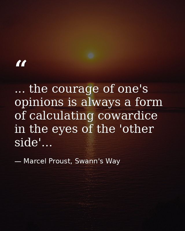 ... the courage of one's opinions is always a form of calculating cowardice in the eyes of the 'other side'... — Marcel Proust, Swann's Way