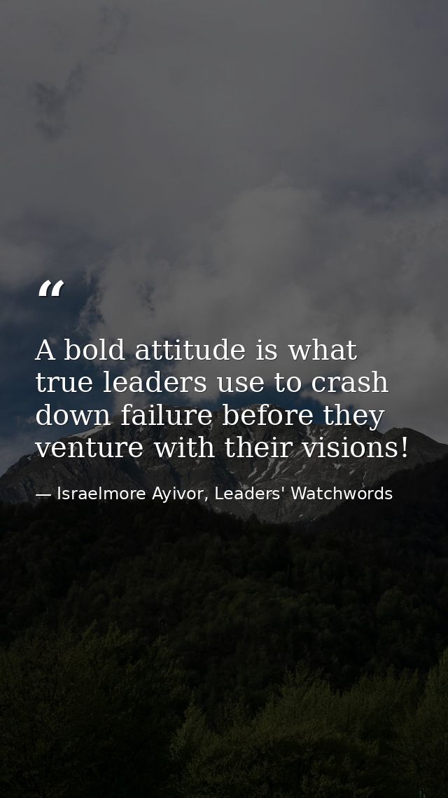 A bold attitude is what true leaders use to crash down failure before they venture with their visions! — Israelmore Ayivor, Leaders' Watchwords