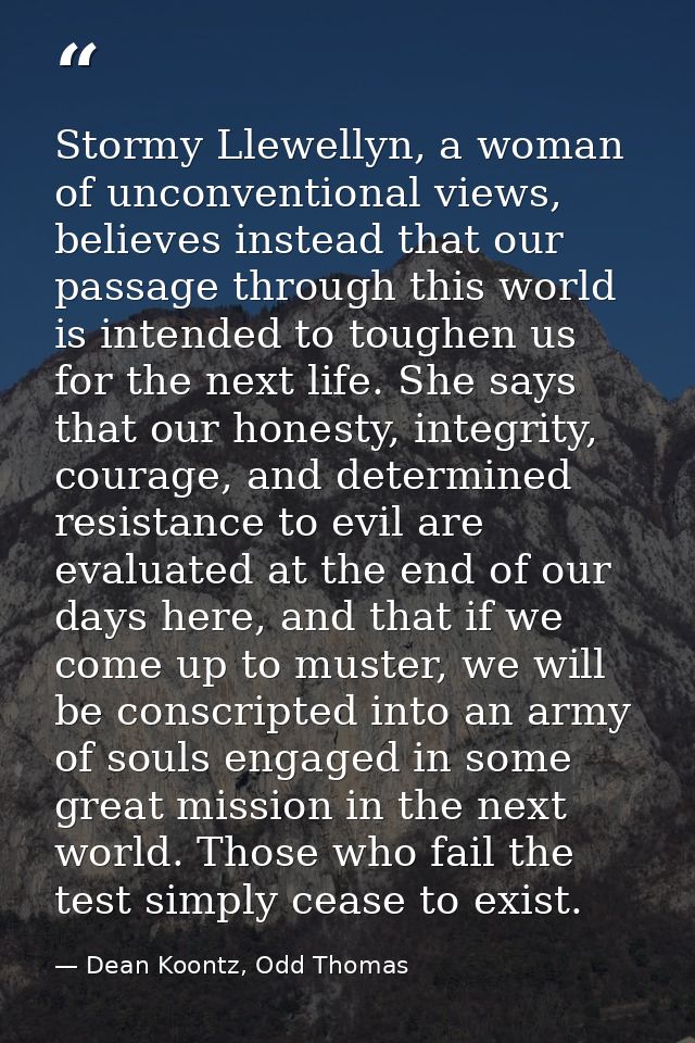 Stormy Llewellyn, a woman of unconventional views, believes instead that our passage through this world is intended to t — Dean Koontz, Odd Thomas