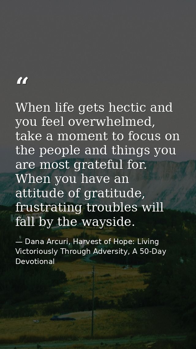 When life gets hectic and you feel overwhelmed, take a moment to focus on the people and things you are most grateful fo — Dana Arcuri, Harvest of Hope: Living Victoriously Through Adversity, A 50-Day Devotional