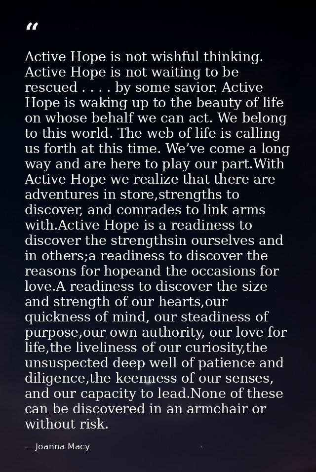 Active Hope is not wishful thinking. Active Hope is not waiting to be rescued . . . . by some savior. Active Hope is wak — Joanna Macy