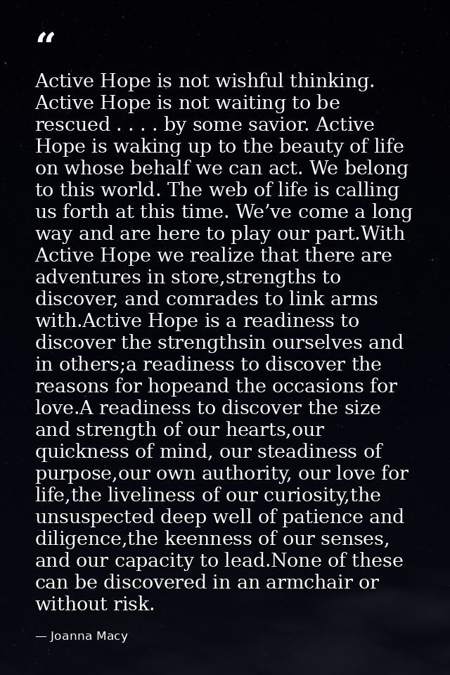 Active Hope is not wishful thinking. Active Hope is not waiting to be rescued . . . . by some savior. Active Hope is wak — Joanna Macy