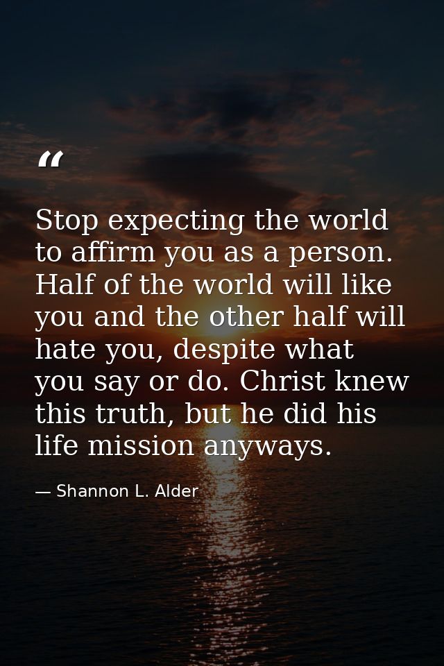 Stop expecting the world to affirm you as a person. Half of the world will like you and the other half will hate you, de — Shannon L. Alder