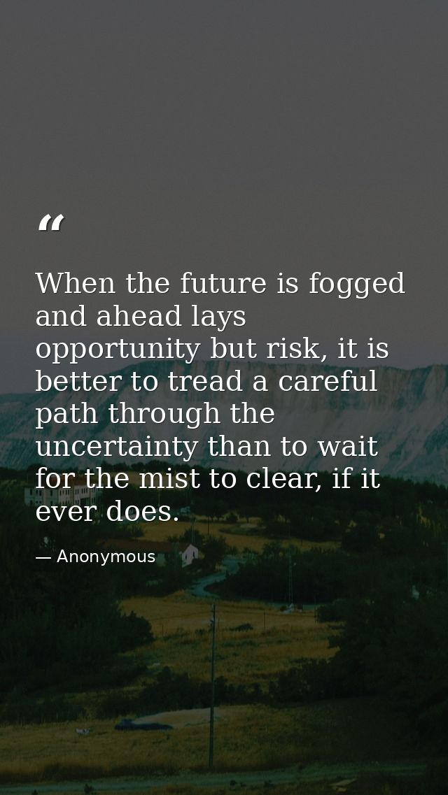 When the future is fogged and ahead lays opportunity but risk, it is better to tread a careful path through the uncertai — Anonymous
