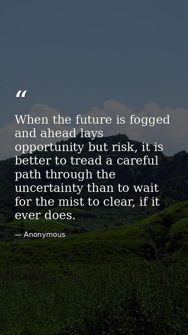 When the future is fogged and ahead lays opportunity but risk, it is better to tread a careful path through the uncertai — Anonymous