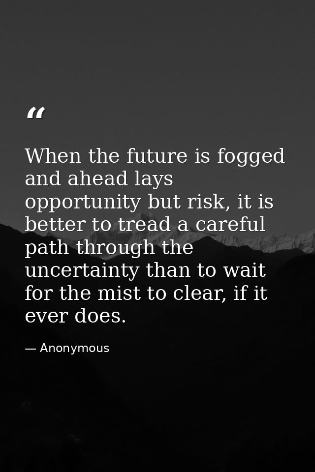 When the future is fogged and ahead lays opportunity but risk, it is better to tread a careful path through the uncertai — Anonymous