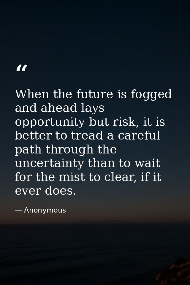 When the future is fogged and ahead lays opportunity but risk, it is better to tread a careful path through the uncertai — Anonymous
