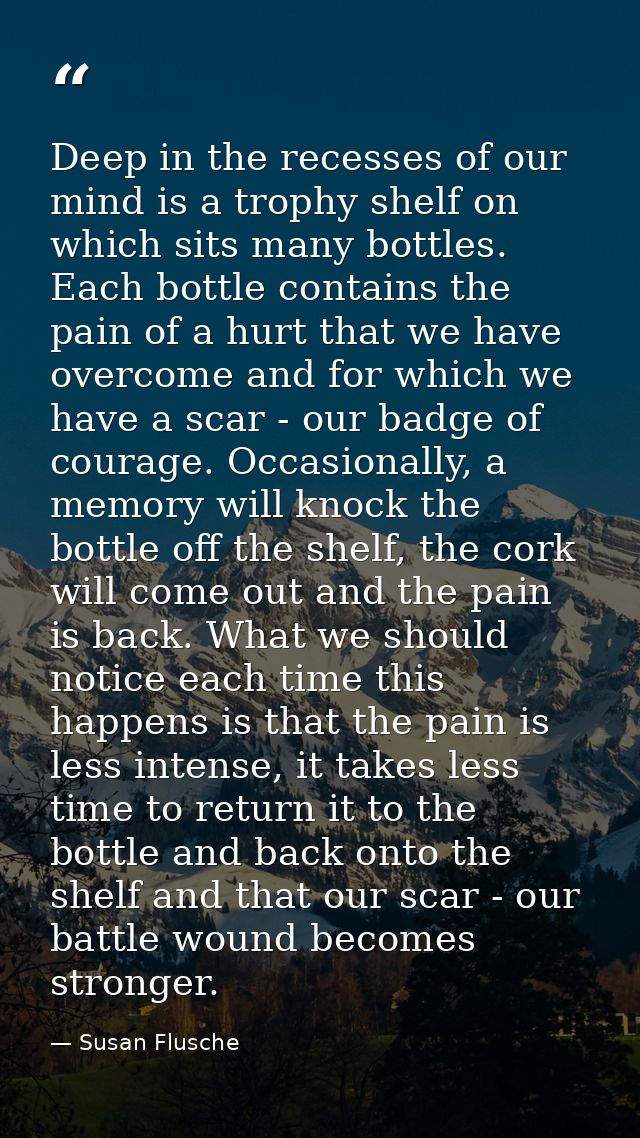 Deep in the recesses of our mind is a trophy shelf on which sits many bottles. Each bottle contains the pain of a hurt t — Susan Flusche