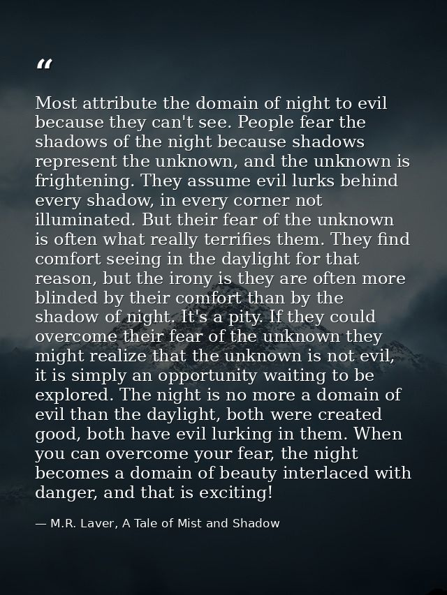 Most attribute the domain of night to evil because they can't see. People fear the shadows of the night because shadows  — M.R. Laver, A Tale of Mist and Shadow