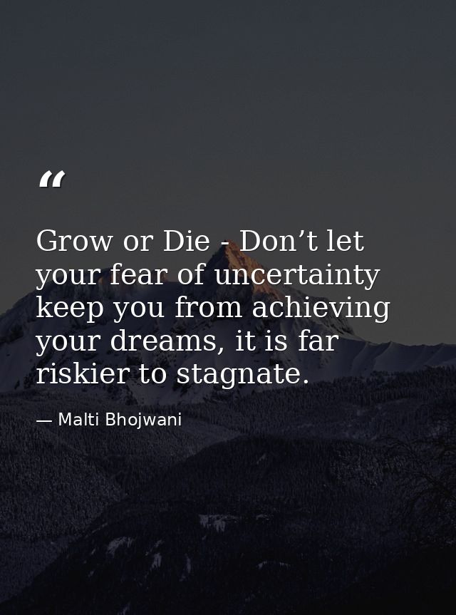 Grow or Die - Don’t let your fear of uncertainty keep you from achieving your dreams, it is far riskier to stagnate. — Malti Bhojwani