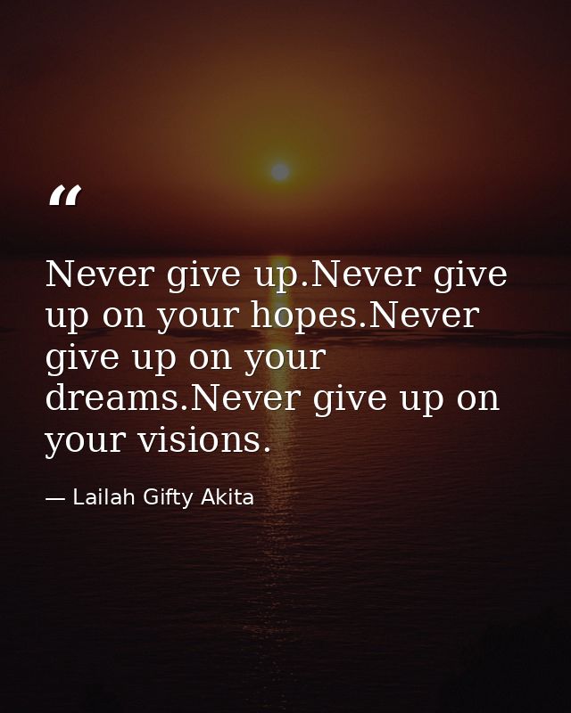 Never give up.Never give up on your hopes.Never give up on your dreams.Never give up on your visions. — Lailah Gifty Akita