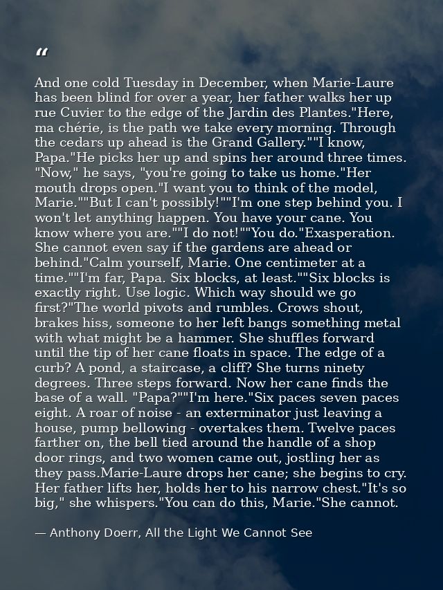 And one cold Tuesday in December, when Marie-Laure has been blind for over a year, her father walks her up rue Cuvier to — Anthony Doerr, All the Light We Cannot See