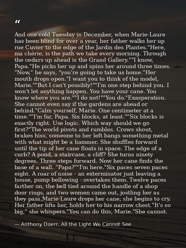 And one cold Tuesday in December, when Marie-Laure has been blind for over a year, her father walks her up rue Cuvier to — Anthony Doerr, All the Light We Cannot See