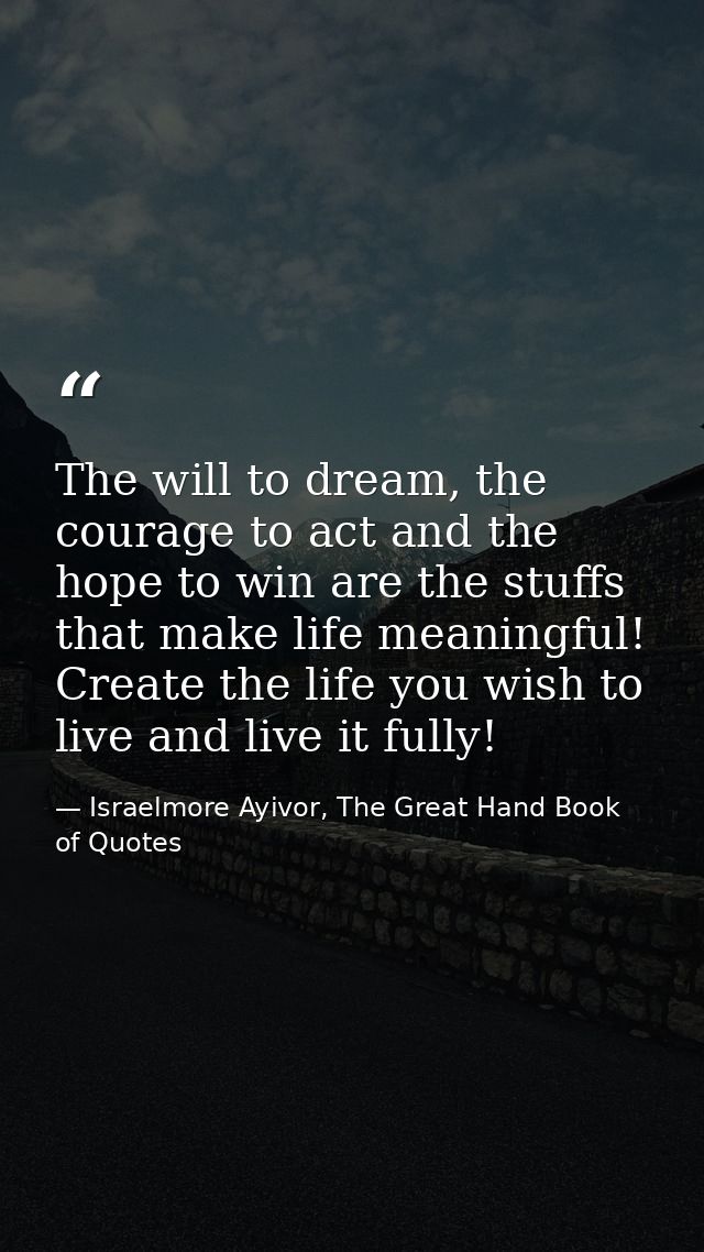 The will to dream, the courage to act and the hope to win are the stuffs that make life meaningful! Create the life you  — Israelmore Ayivor, The Great Hand Book of Quotes
