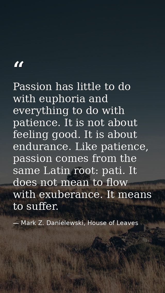Passion has little to do with euphoria and everything to do with patience. It is not about feeling good. It is about end — Mark Z. Danielewski, House of Leaves