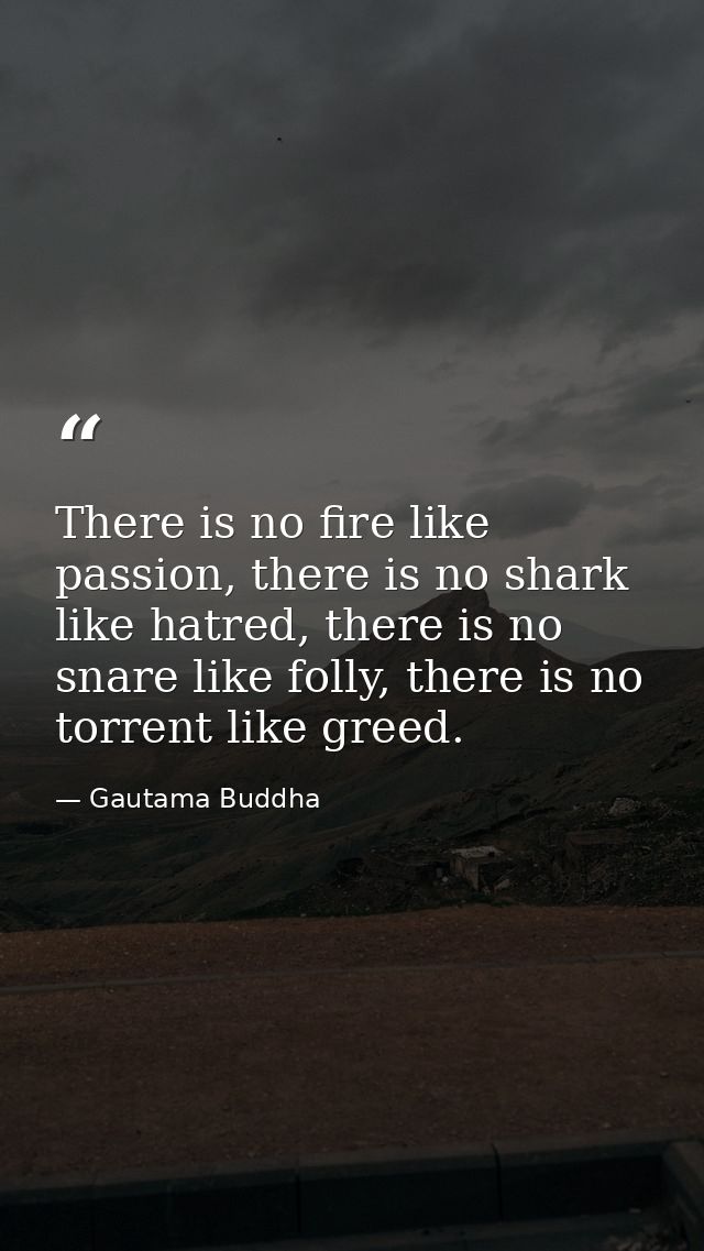 There is no fire like passion, there is no shark like hatred, there is no snare like folly, there is no torrent like gre — Gautama Buddha