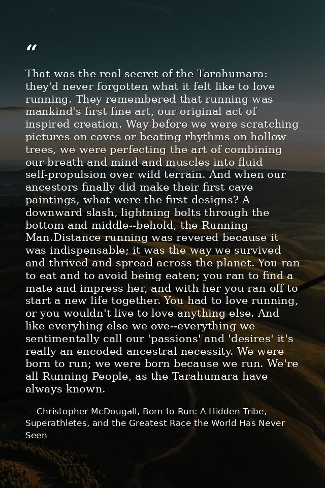 That was the real secret of the Tarahumara: they'd never forgotten what it felt like to love running. They remembered th — Christopher McDougall, Born to Run: A Hidden Tribe, Superathletes, and the Greatest Race the World Has Never Seen