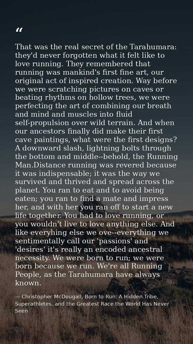 That was the real secret of the Tarahumara: they'd never forgotten what it felt like to love running. They remembered th — Christopher McDougall, Born to Run: A Hidden Tribe, Superathletes, and the Greatest Race the World Has Never Seen