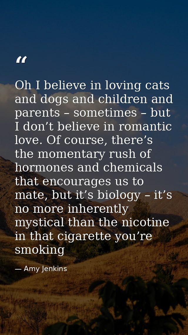 Oh I believe in loving cats and dogs and children and parents – sometimes – but I don’t believe in romantic love. Of cou — Amy Jenkins