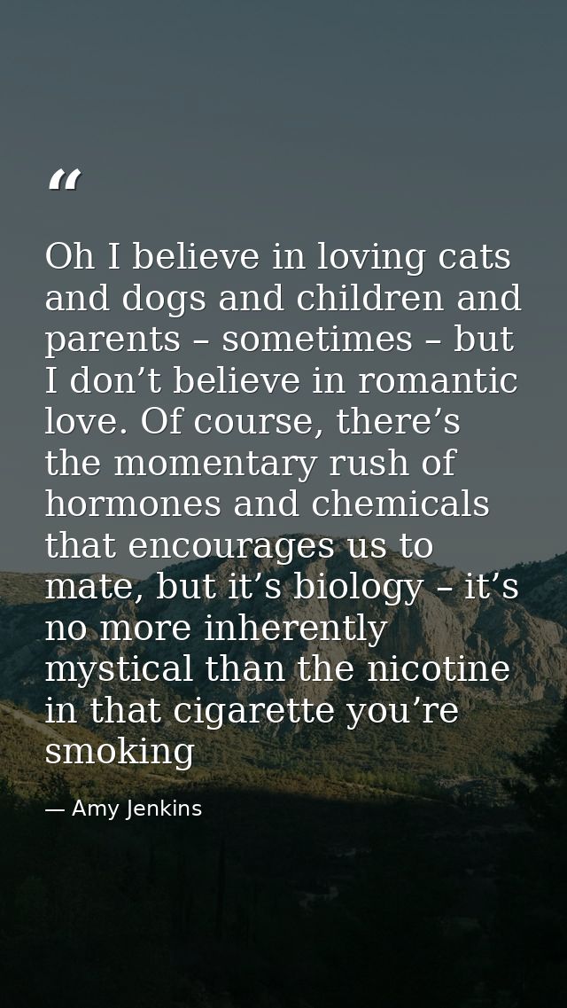Oh I believe in loving cats and dogs and children and parents – sometimes – but I don’t believe in romantic love. Of cou — Amy Jenkins