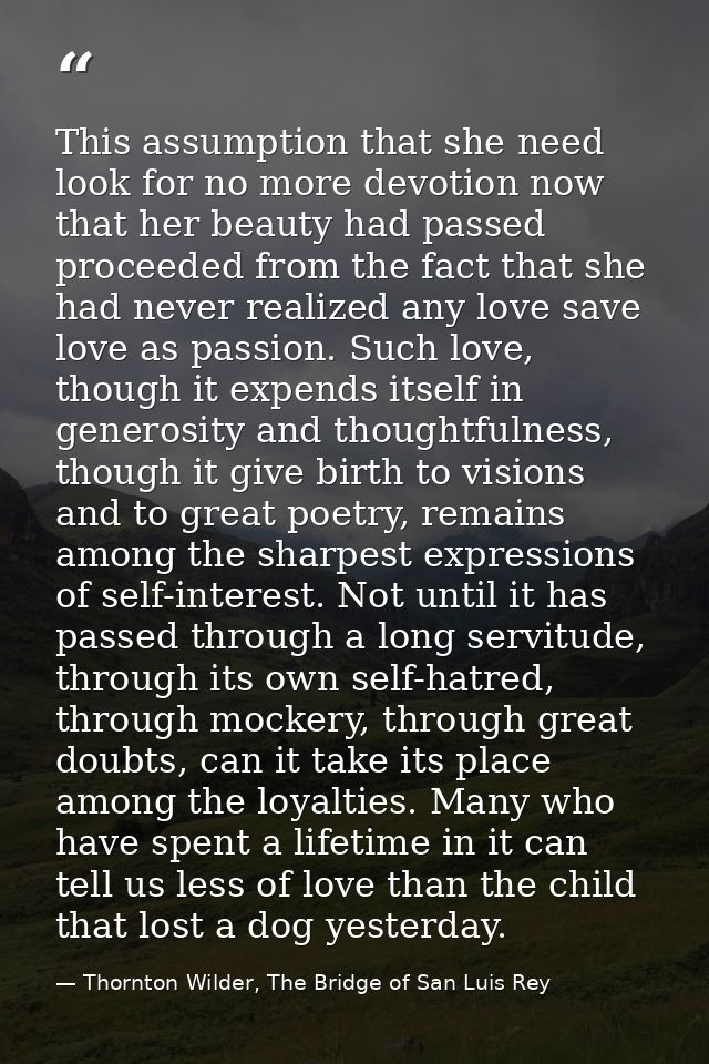 This assumption that she need look for no more devotion now that her beauty had passed proceeded from the fact that she  — Thornton Wilder, The Bridge of San Luis Rey