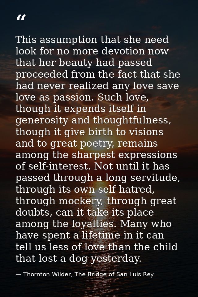 This assumption that she need look for no more devotion now that her beauty had passed proceeded from the fact that she  — Thornton Wilder, The Bridge of San Luis Rey