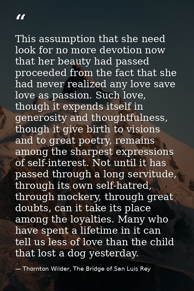 This assumption that she need look for no more devotion now that her beauty had passed proceeded from the fact that she  — Thornton Wilder, The Bridge of San Luis Rey