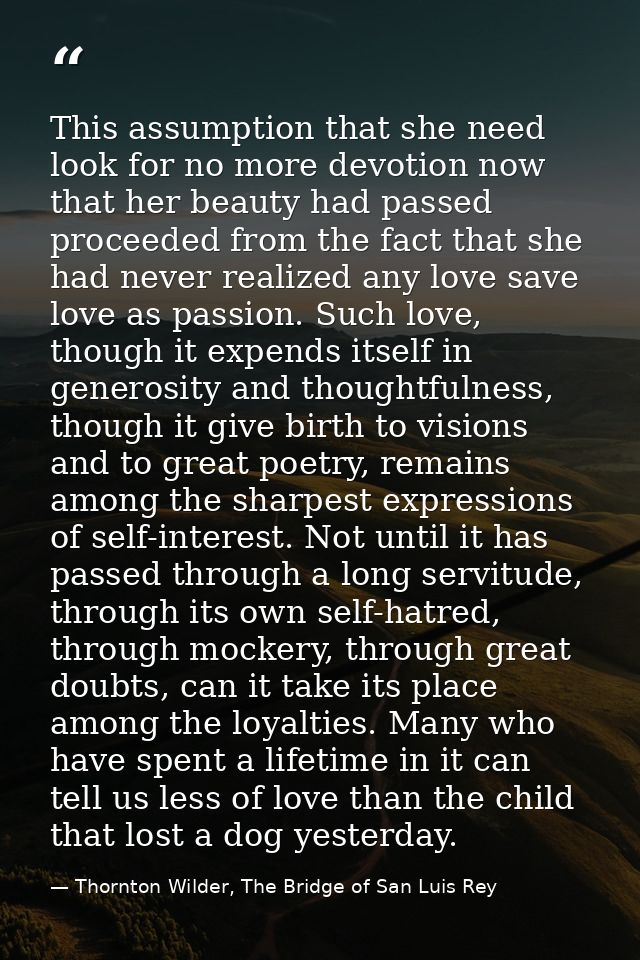 This assumption that she need look for no more devotion now that her beauty had passed proceeded from the fact that she  — Thornton Wilder, The Bridge of San Luis Rey