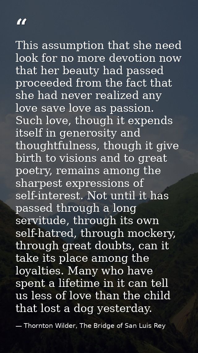 This assumption that she need look for no more devotion now that her beauty had passed proceeded from the fact that she  — Thornton Wilder, The Bridge of San Luis Rey