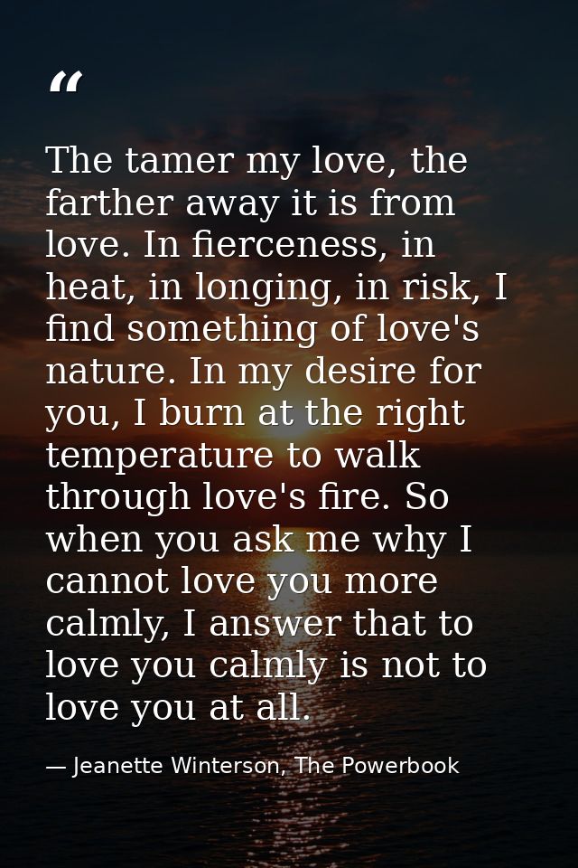 The tamer my love, the farther away it is from love. In fierceness, in heat, in longing, in risk, I find something of lo — Jeanette Winterson, The Powerbook