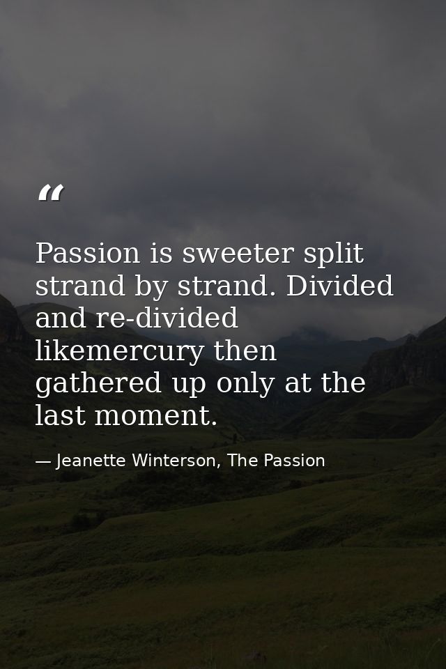 Passion is sweeter split strand by strand. Divided and re-divided likemercury then gathered up only at the last moment. — Jeanette Winterson, The Passion