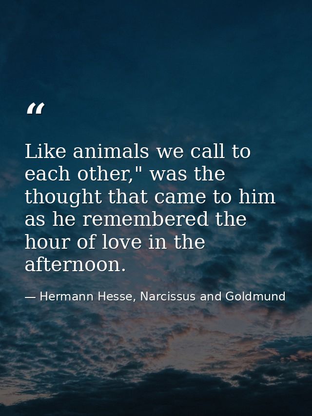 Like animals we call to each other," was the thought that came to him as he remembered the hour of love in the afternoon — Hermann Hesse, Narcissus and Goldmund