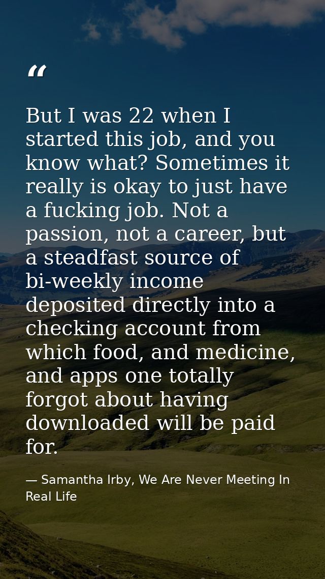 But I was 22 when I started this job, and you know what? Sometimes it really is okay to just have a fucking job. Not a p — Samantha Irby, We Are Never Meeting In Real Life