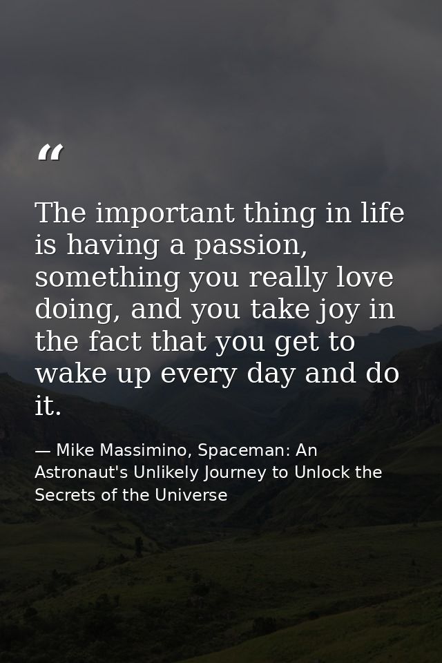 The important thing in life is having a passion, something you really love doing, and you take joy in the fact that you  — Mike Massimino, Spaceman: An Astronaut's Unlikely Journey to Unlock the Secrets of the Universe
