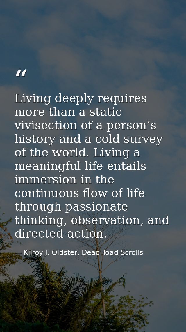 Living deeply requires more than a static vivisection of a person’s history and a cold survey of the world. Living a mea — Kilroy J. Oldster, Dead Toad Scrolls
