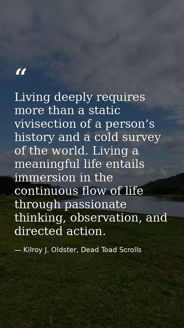 Living deeply requires more than a static vivisection of a person’s history and a cold survey of the world. Living a mea — Kilroy J. Oldster, Dead Toad Scrolls