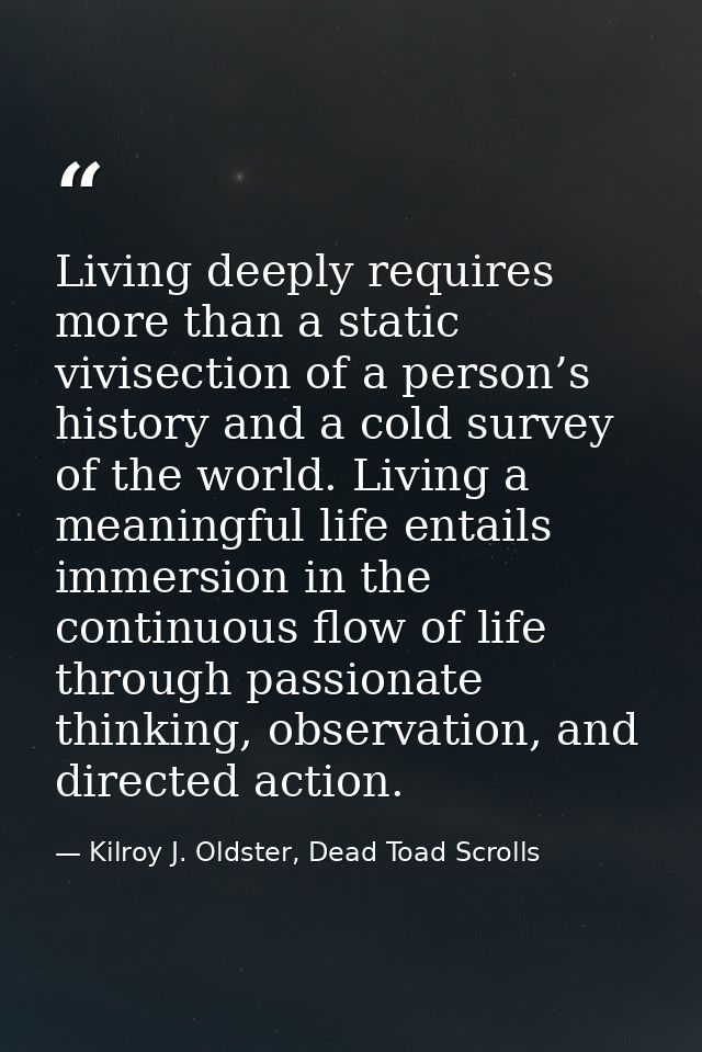 Living deeply requires more than a static vivisection of a person’s history and a cold survey of the world. Living a mea — Kilroy J. Oldster, Dead Toad Scrolls