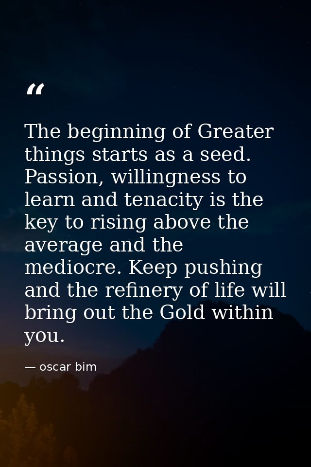 The beginning of Greater things starts as a seed. Passion, willingness to learn and tenacity is the key to rising above  — oscar bim