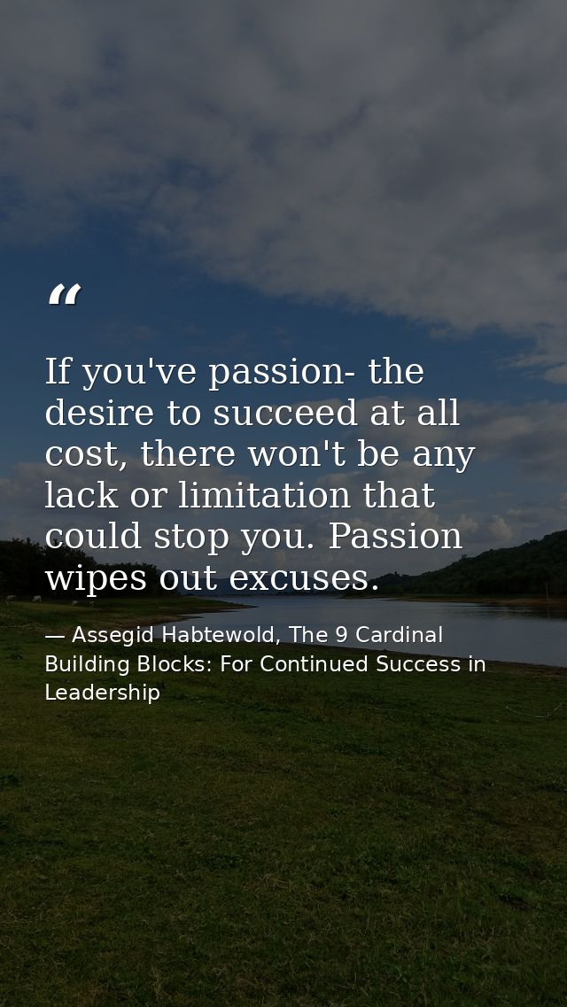If you've passion- the desire to succeed at all cost, there won't be any lack or limitation that could stop you. Passion — Assegid Habtewold, The 9 Cardinal Building Blocks: For Continued Success in Leadership
