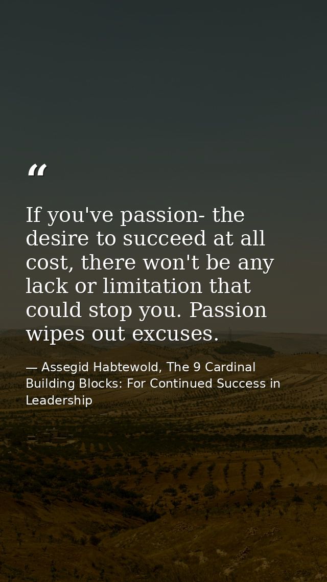 If you've passion- the desire to succeed at all cost, there won't be any lack or limitation that could stop you. Passion — Assegid Habtewold, The 9 Cardinal Building Blocks: For Continued Success in Leadership