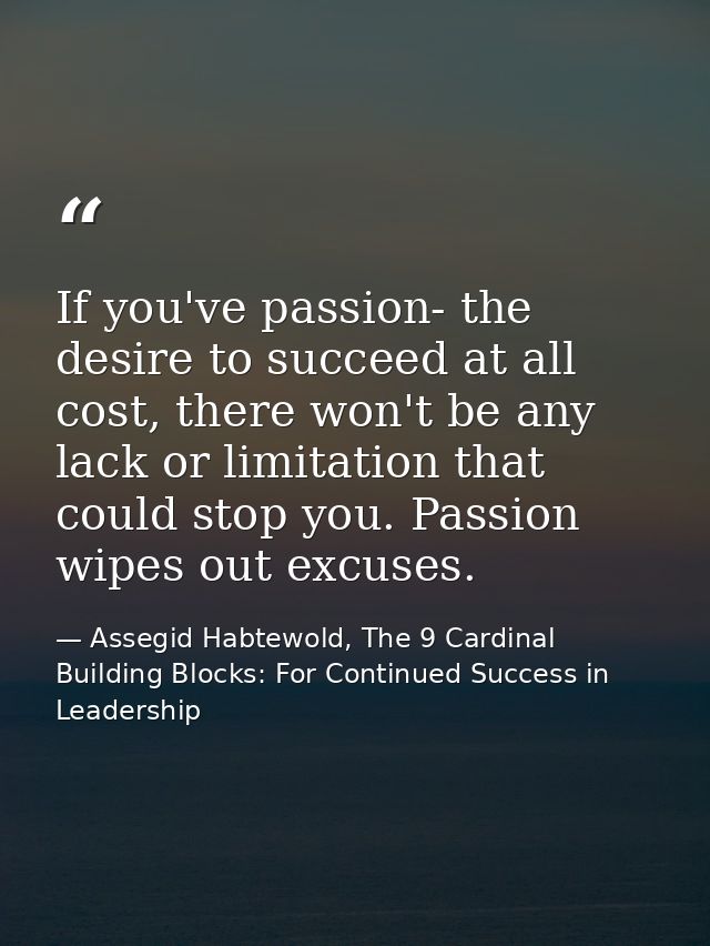 If you've passion- the desire to succeed at all cost, there won't be any lack or limitation that could stop you. Passion — Assegid Habtewold, The 9 Cardinal Building Blocks: For Continued Success in Leadership