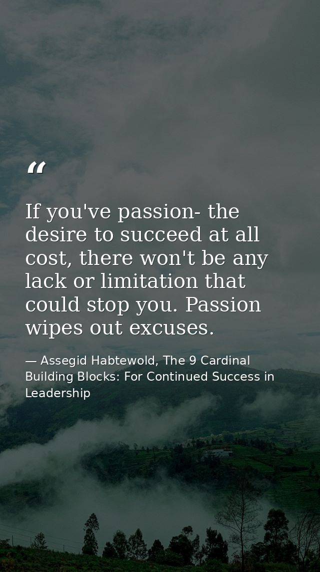 If you've passion- the desire to succeed at all cost, there won't be any lack or limitation that could stop you. Passion — Assegid Habtewold, The 9 Cardinal Building Blocks: For Continued Success in Leadership