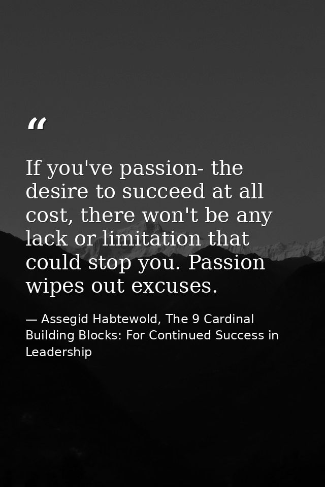 If you've passion- the desire to succeed at all cost, there won't be any lack or limitation that could stop you. Passion — Assegid Habtewold, The 9 Cardinal Building Blocks: For Continued Success in Leadership