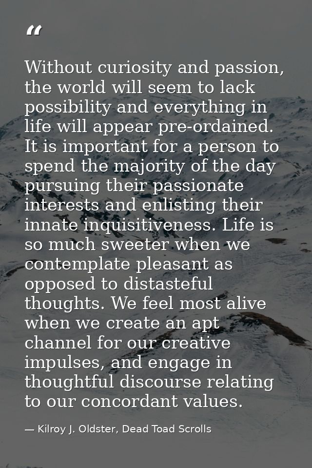 Without curiosity and passion, the world will seem to lack possibility and everything in life will appear pre-ordained.  — Kilroy J. Oldster, Dead Toad Scrolls