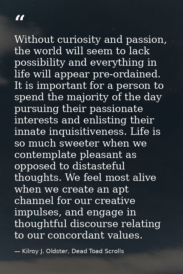 Without curiosity and passion, the world will seem to lack possibility and everything in life will appear pre-ordained.  — Kilroy J. Oldster, Dead Toad Scrolls