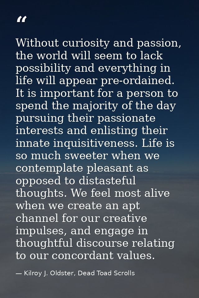 Without curiosity and passion, the world will seem to lack possibility and everything in life will appear pre-ordained.  — Kilroy J. Oldster, Dead Toad Scrolls